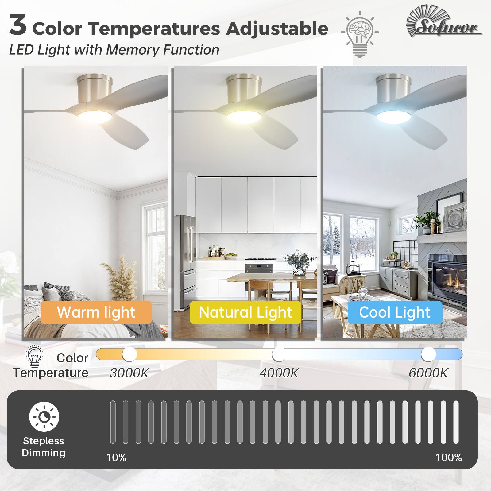 3 Color Temperatures Adjustable LED Light with Memory Function  
- Warm Light  
- Natural Light  
- Cool Light  

Color Temperature: 3000K, 4000K, 6000K  
Stepless Dimming: 10% to 100%