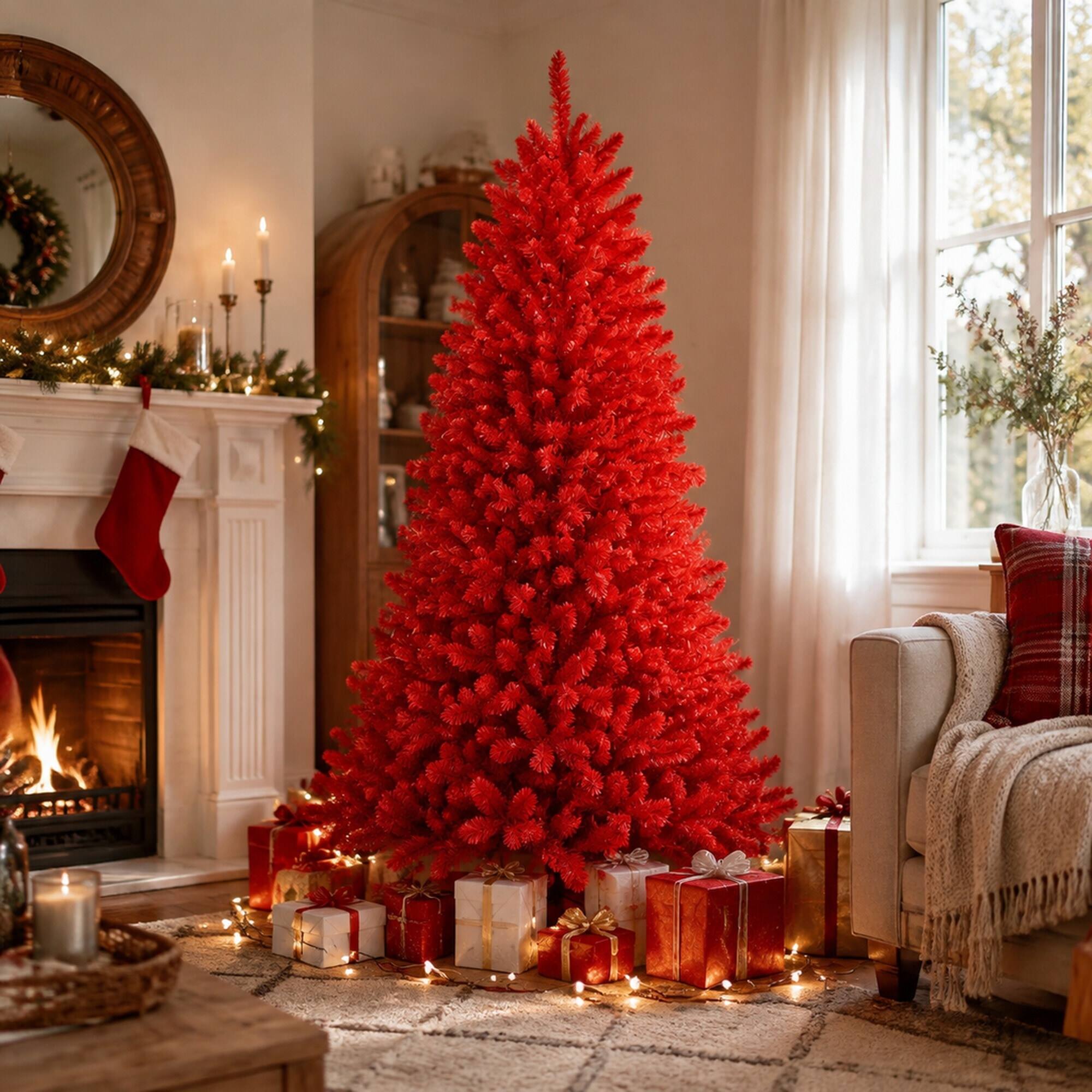Angle. RYHNUYNE - 5FT Pure Red PVC Christmas Tree, 624 Branch Tips Hinged Branches Stable Metal Stand Bold Holiday Decoration - Red.