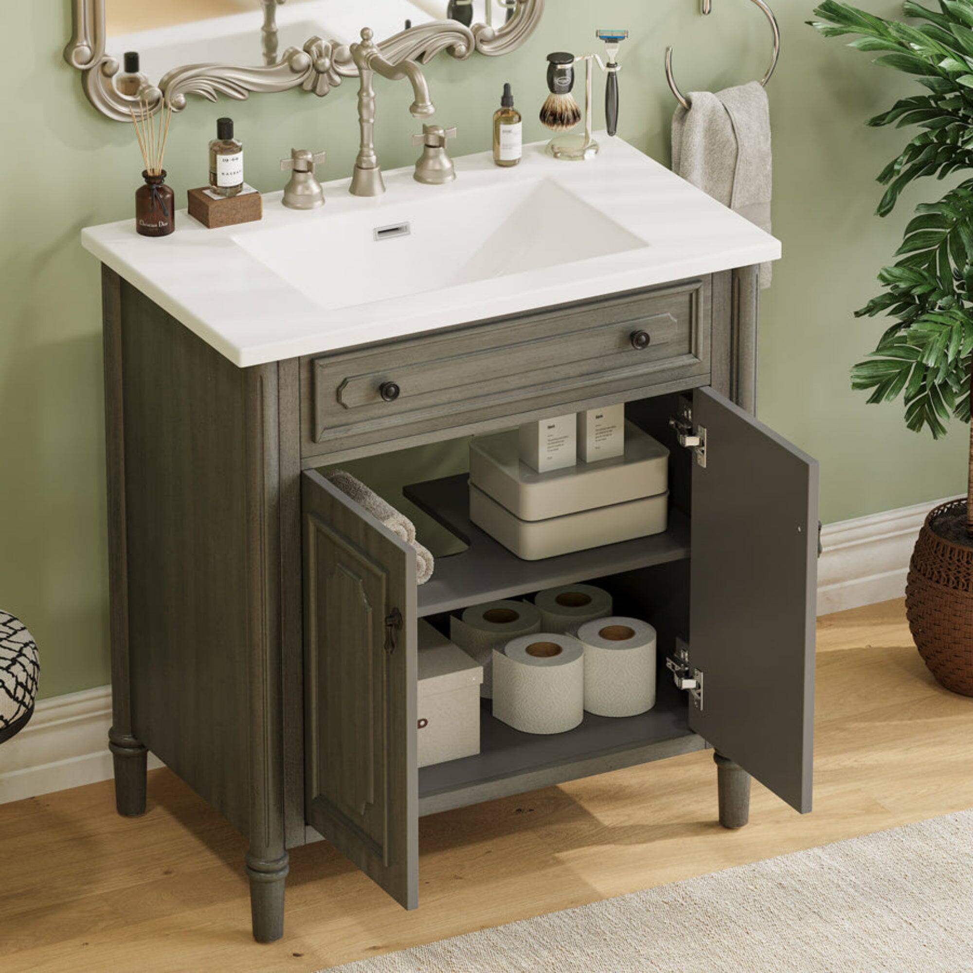 Alt View 8. Boyel Living - 31 Inch Vintage Bathroom Vanity with Sink Rustic Cabinet Soft Close Doors Adjustable Shelf Gray - Gray.