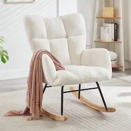 GOODSILO - Tufted Upholstered Rocking Chair with Ergonomic Design and Soft Teddy Fabric for Living Room or Bedroom - Ivory
