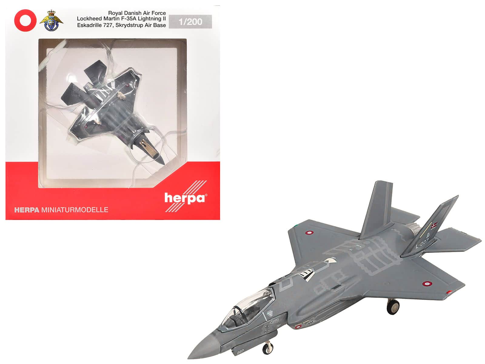 Lockheed Martin F-35A Lightning II Eskadrille 727 Skrydstrup L-007 Royal Danish Air Force Herpa 1/200 Diecast Model - Multi