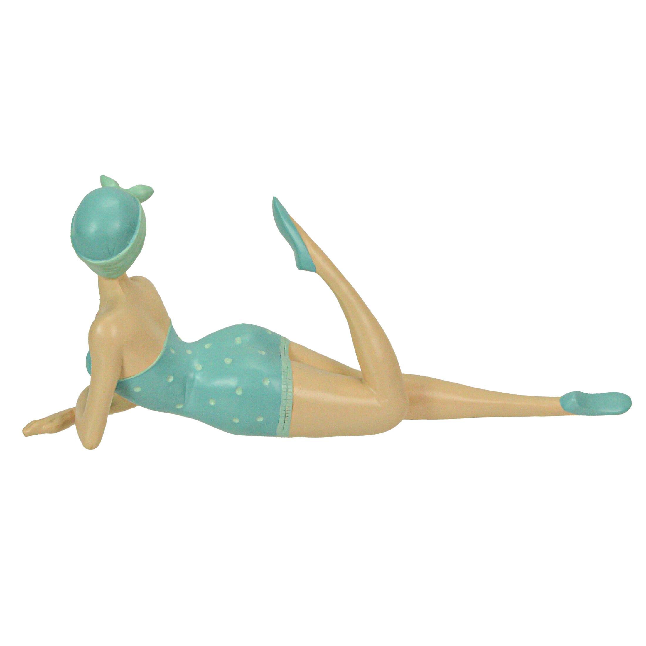 Alt View 2. Fancy That - Retro Bathing Beauty Beach Girl Posing In Sage Green Polka Dot Swimsuit Figurine - Aqua.