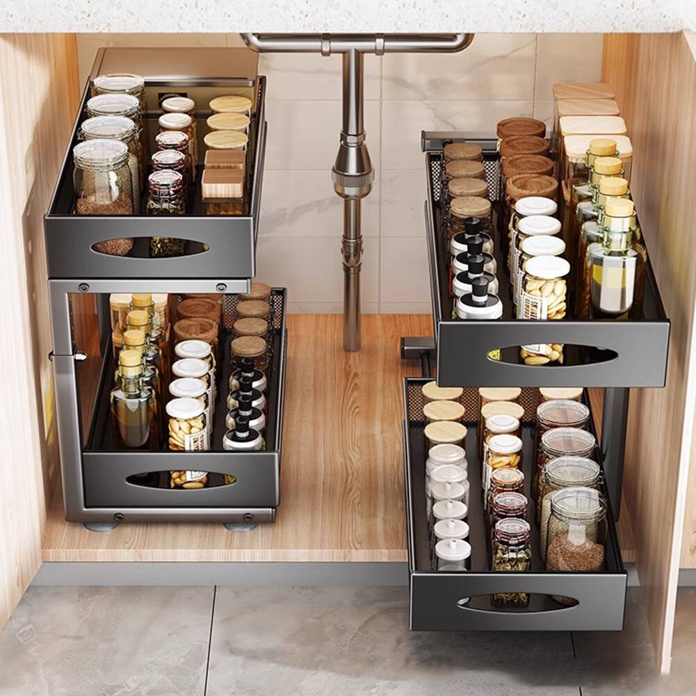 Front. GARVEE - Under Sink Organizer, 2 Tier Slide Out Storage Shelf With Mesh Drawers, Multi-purpose Sliding Cabinet Basket Organizer - Black.