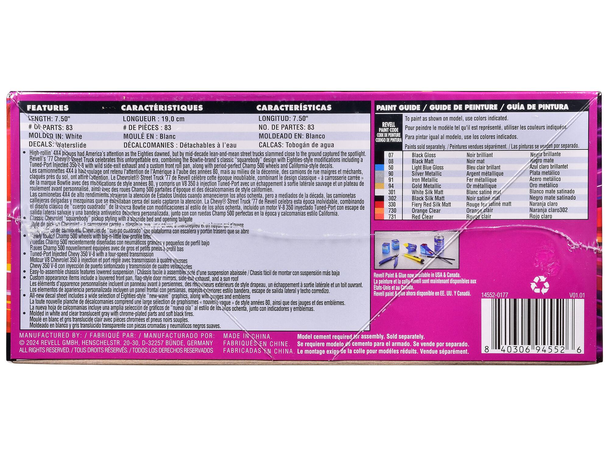 **FEATURES**  
**CARACHTÉRISTIQUES**  
**CARACTERÍSTICAS**  

**LENGTH:** 7.50"  
**LONGUEUR:** 19.0 cm  
**LONGITUD:** 7.50"  

**# OF PARTS:** 83  
**# DE PIECES:** 83  
**NO. DE PARTES:** 83  

**MOLDED IN:** White  
**MOULÉ EN:** Blanc  
**MOLDEADO EN:** Blanco  

**DECALS:** Waterslide  
**DECALCOMANIES:** Détachables  
**CALCAS:** Tobilgan de agua  

**High-rollin' 4x4 pickups had America's attention as the Eighties dawned, but by mid-decade slammed ground captured the spotlight. Revell's celebrates unforgettable era, combining the Bowtie brand's classic "squarebody" design with Eighties-style modifications including a T-tuned Port-Injected Chevy 350 with four-speed transmission, period-perfect Champ 500 wheels and California-style decals.**  
**Les camionnettes à roues 4x4 ont attiré l'attention des