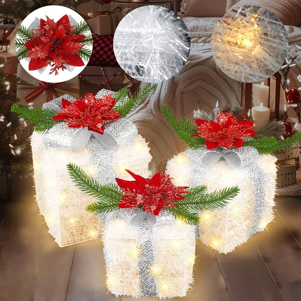 Left. Schertz - 3-Piece Lighted Christmas Gift Boxes, White LED Boxes with Timer & Poinsettias - Red.