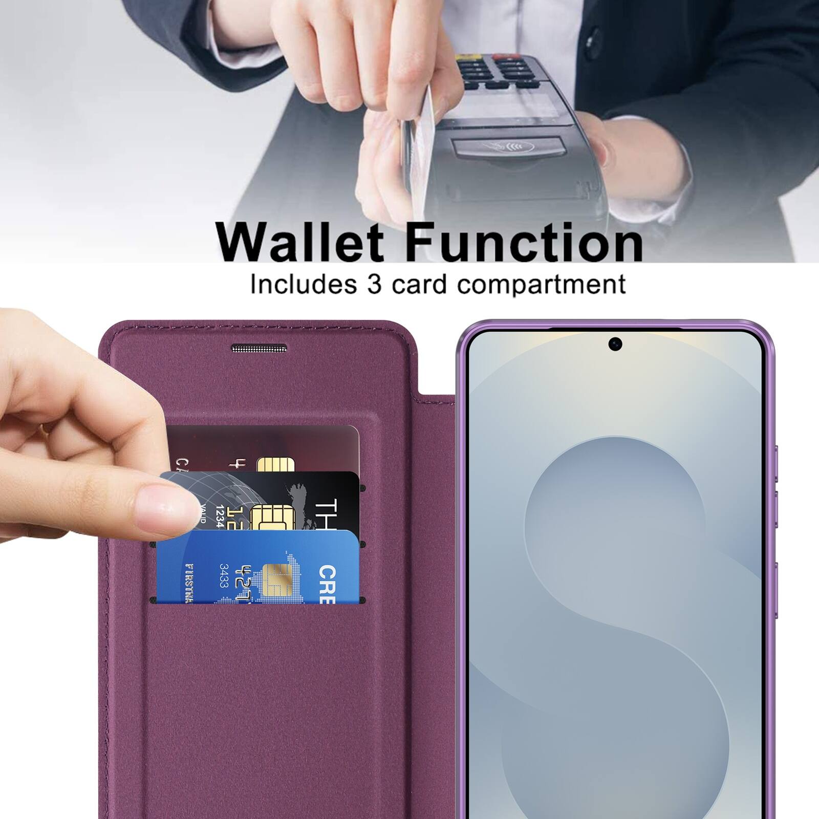 Wallet Function  
Includes 3 card compartment  

CA F VALID 1234 12 TH  
3433 - 427 = CRE