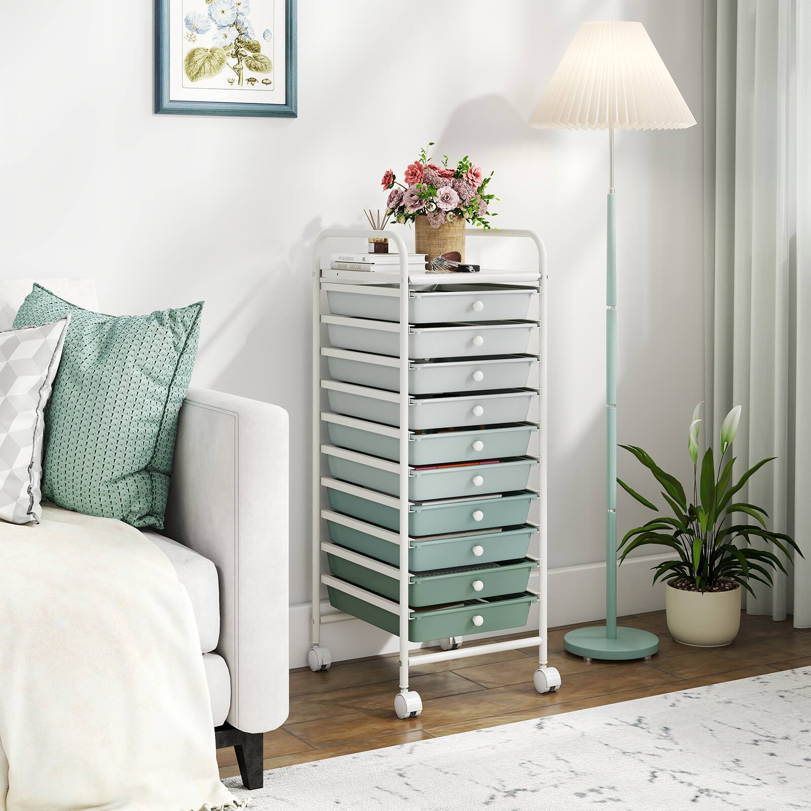 Alt View 4. Costway - Costway Drawer Art & Craft Storage Cart, Storage Cart with Removable Drawers, Multipurpose Organizer - Gradient Green.