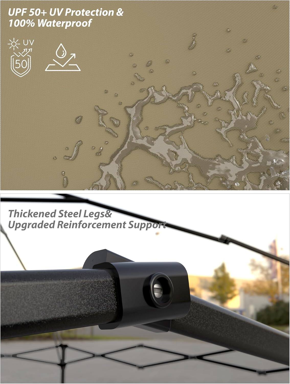 UPF 50+ UV Protection & 100% Waterproof

Thickened Steel Legs & Upgraded Reinforcement Support