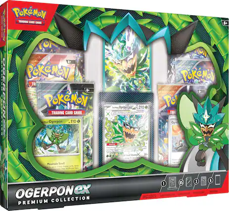Pokémon Trading Card Game
Ogerpon ex Premium Collection
6+
Ogerpon ex
210
Ability: Teal Dance
Attack: Myriad Leaf Shower 30
Teal Max Ogerpon
110
Ability: Mountain Stroll
Attack: Teal Dance
Includes:
1 Card Protector
65 Card Sleeves
3 Promo Cards
6 Boosters
Ogerpon ex
65
6+