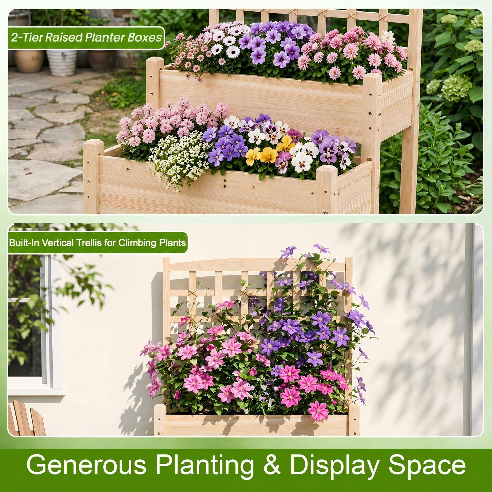 2-Tier Raised Planter Boxes  
Built-In Vertical Trellis for Climbing Plants  
Generous Planting & Display Space