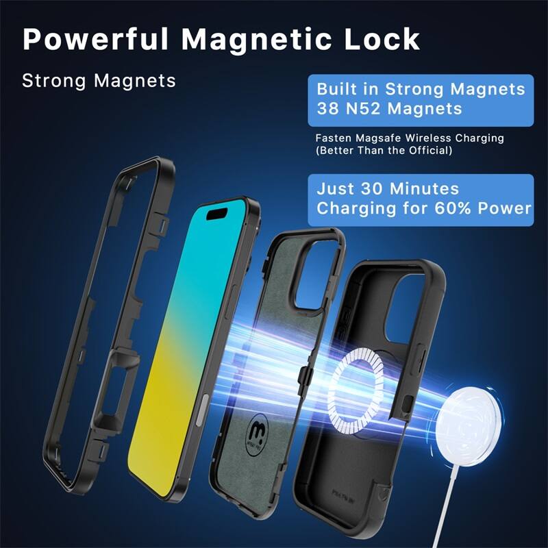 Powerful Magnetic Lock, Strong Magnets, Built in Strong Magnets, 38 N52 Magnets, Fasten Magsafe Wireless Charging (Better Than the Official), Just 30 Minutes Charging for 60% Power
