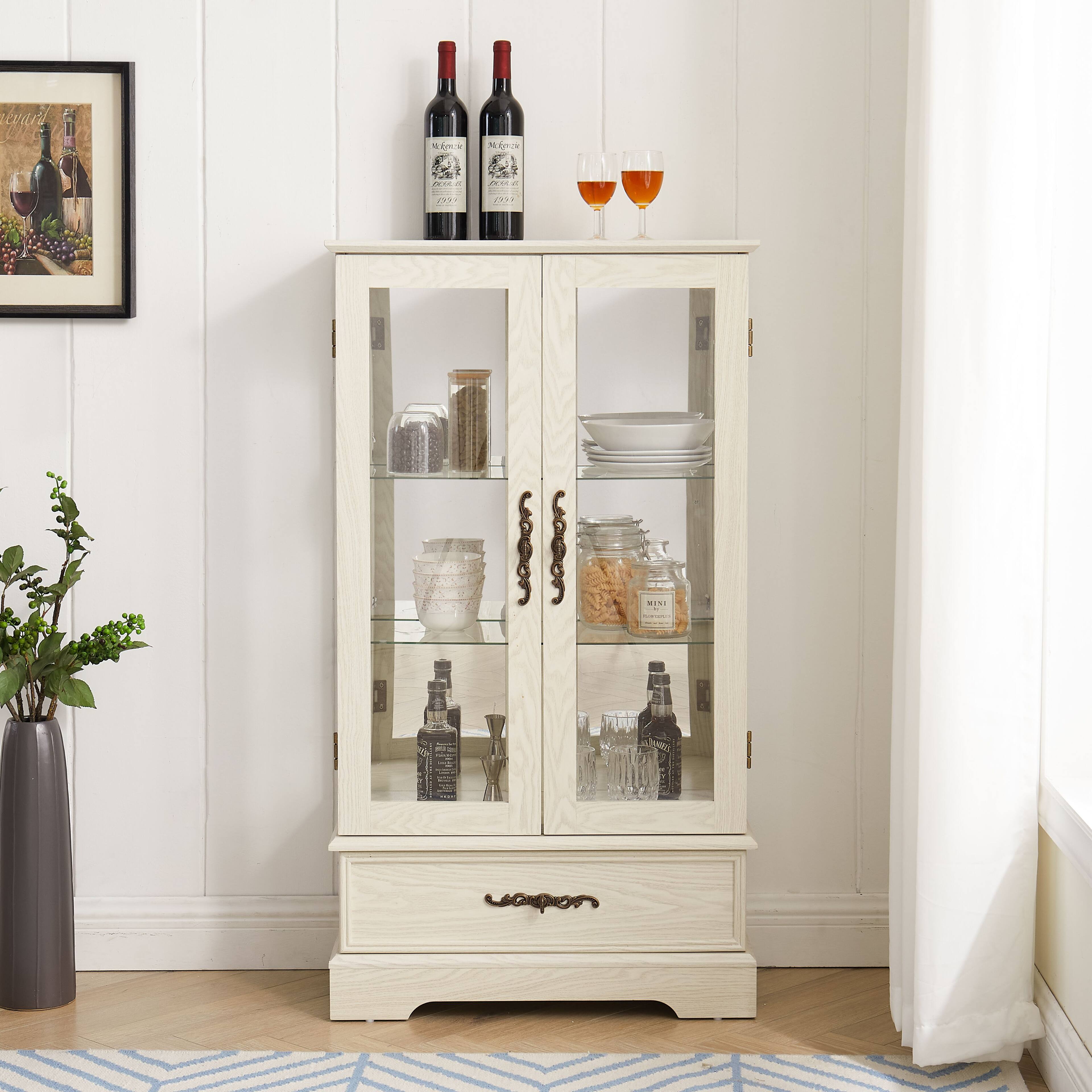 Mirfee - Lighted Glass Curio Cabinet with Adjustable Shelves, 2 Doors, 1 Drawer, Bulb Included - White