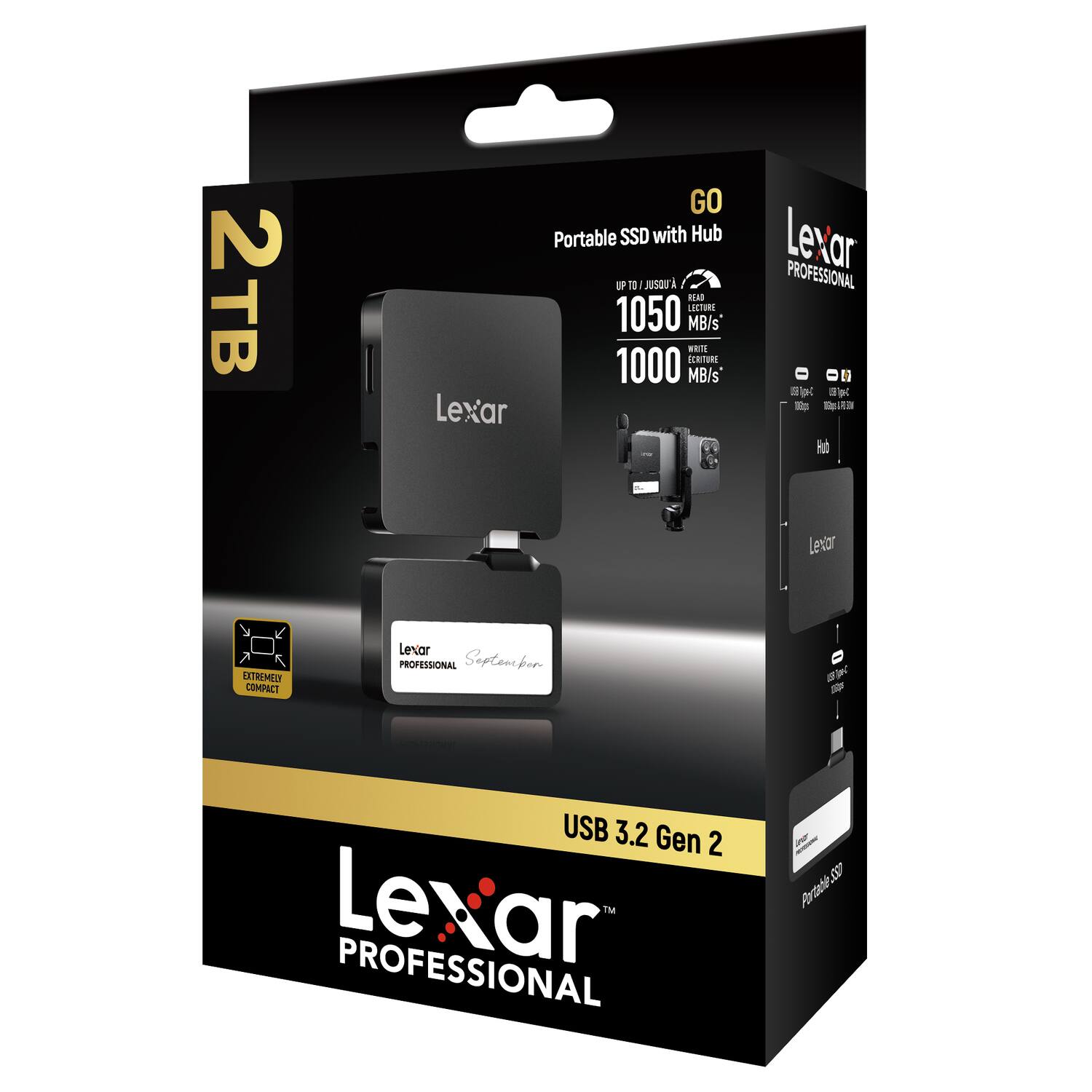 2TB Lexar GO Portable SSD with Hub  
Up to 1050 MB/s Read  
Up to 1000 MB/s Write  
Lexar PROFESSIONAL  
USB 3.2 Gen 2  
Lexar PROFESSIONAL  
Septampoo  
Lexar PROFESSIONAL