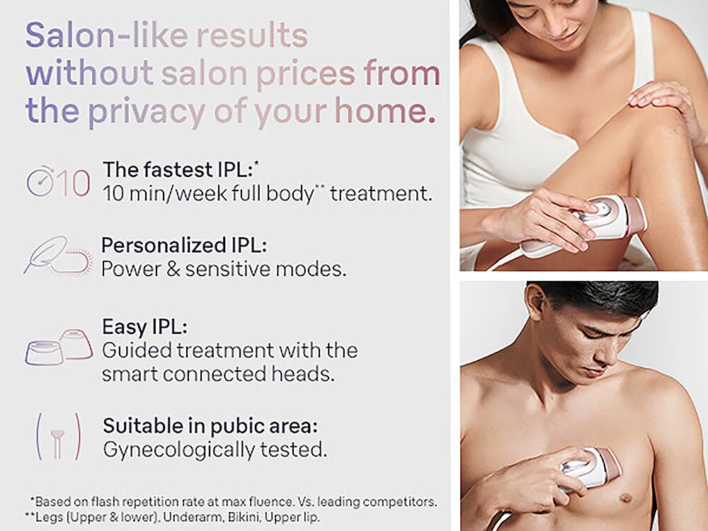 The text on the image is about a home hair removal device that promises salon-like results without salon prices. The device is called the "Easy IPL" and it offers personalized treatment with power and sensitive modes. The treatment is suitable for use in the pubic area and has been gynecologically tested. The device is based on flash repetition rate at max fluence, making it a competitive alternative to leading competitors. The Easy IPL can be used on various body parts, such as legs (upper and lower), underarms, bikini, and upper lip.
