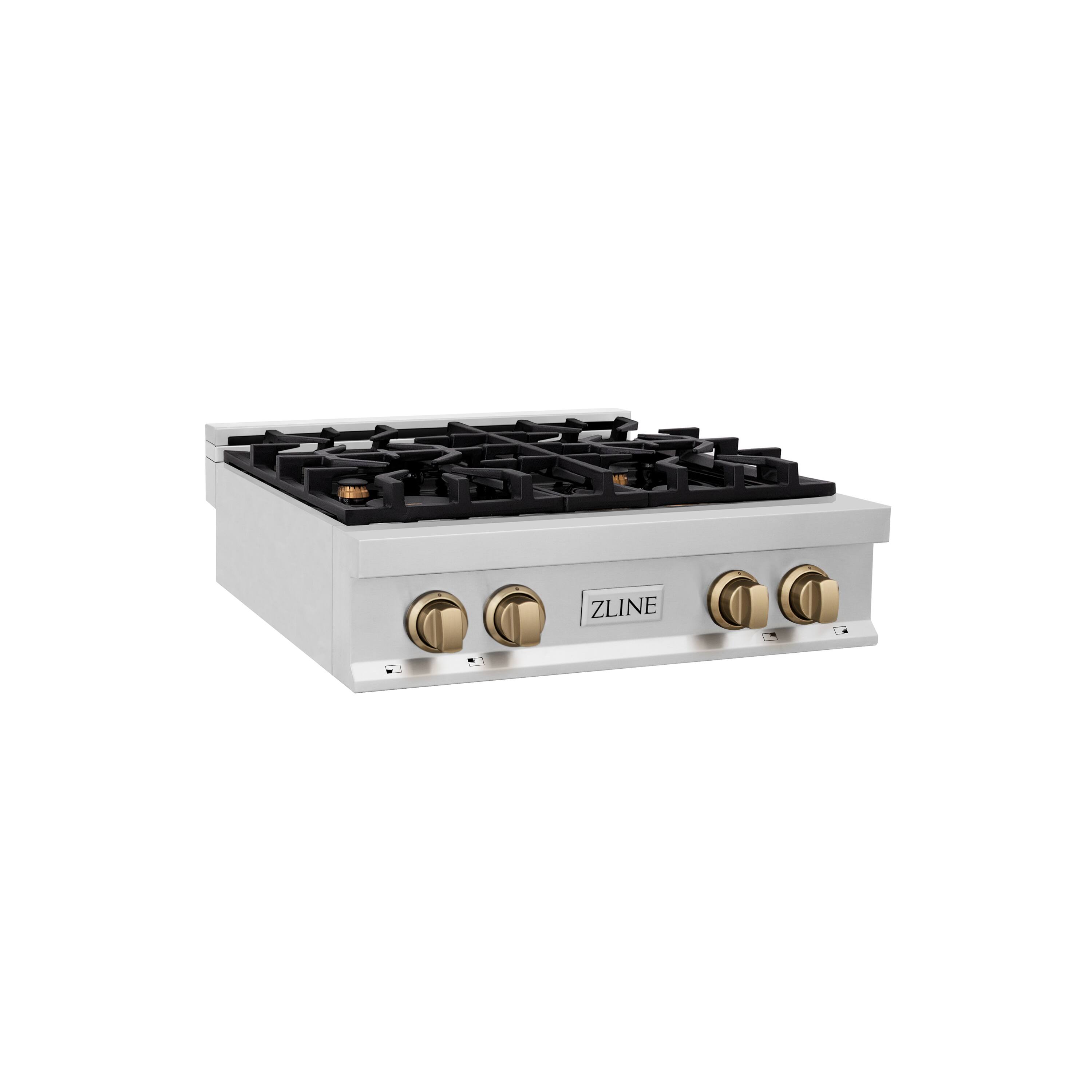 Angle. ZLINE - ZLINE Autograph 30 in. Legacy Rangetop w/ 4 Burners and Champagne Bronze Accents - Stainless Steel.
