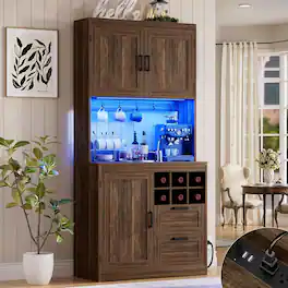 Aheaplus - 72'' Tall Pantry Cabinet with 2 Drawers & Grid Wine Rack, Storage Cabinet with Power Outlets & LED Lights - Retro Brown