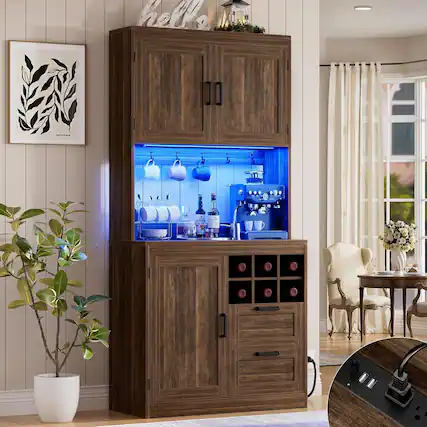 Front. Aheaplus - 72'' Tall Pantry Cabinet with 2 Drawers & Grid Wine Rack, Storage Cabinet with Power Outlets & LED Lights - Retro Brown.
