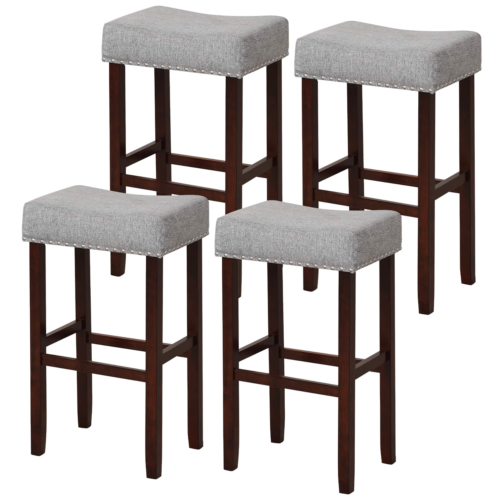 Gymax - Set of 4 Bar Stools Bar Height Saddle Kitchen Chairs w/ Wooden Legs Beige - Gray + Brown