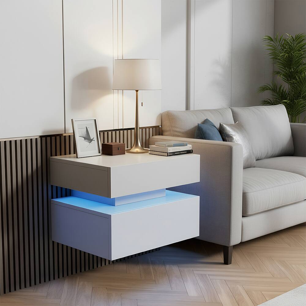 Alt View 1. Spaco - Spaco Set of 2 Wall-Mounted Nightstands with LED Strip, 2 Drawers, 3-Section Slides, Anti-Shake Hardware, for Bedroom - White.