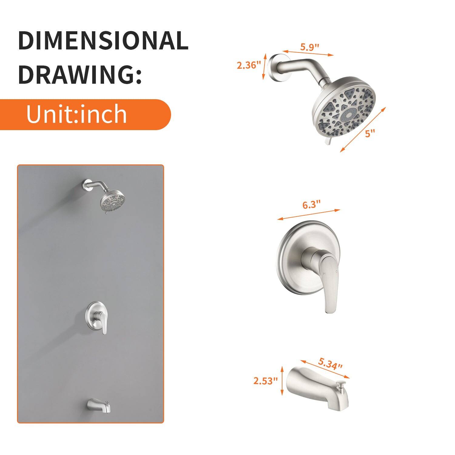 DIMENSIONAL DRAWING:  
Unit: inch  

- 2.36"  
- 5.9"  
- 5"  
- 6.3"  
- 2.53"  
- 5.34"