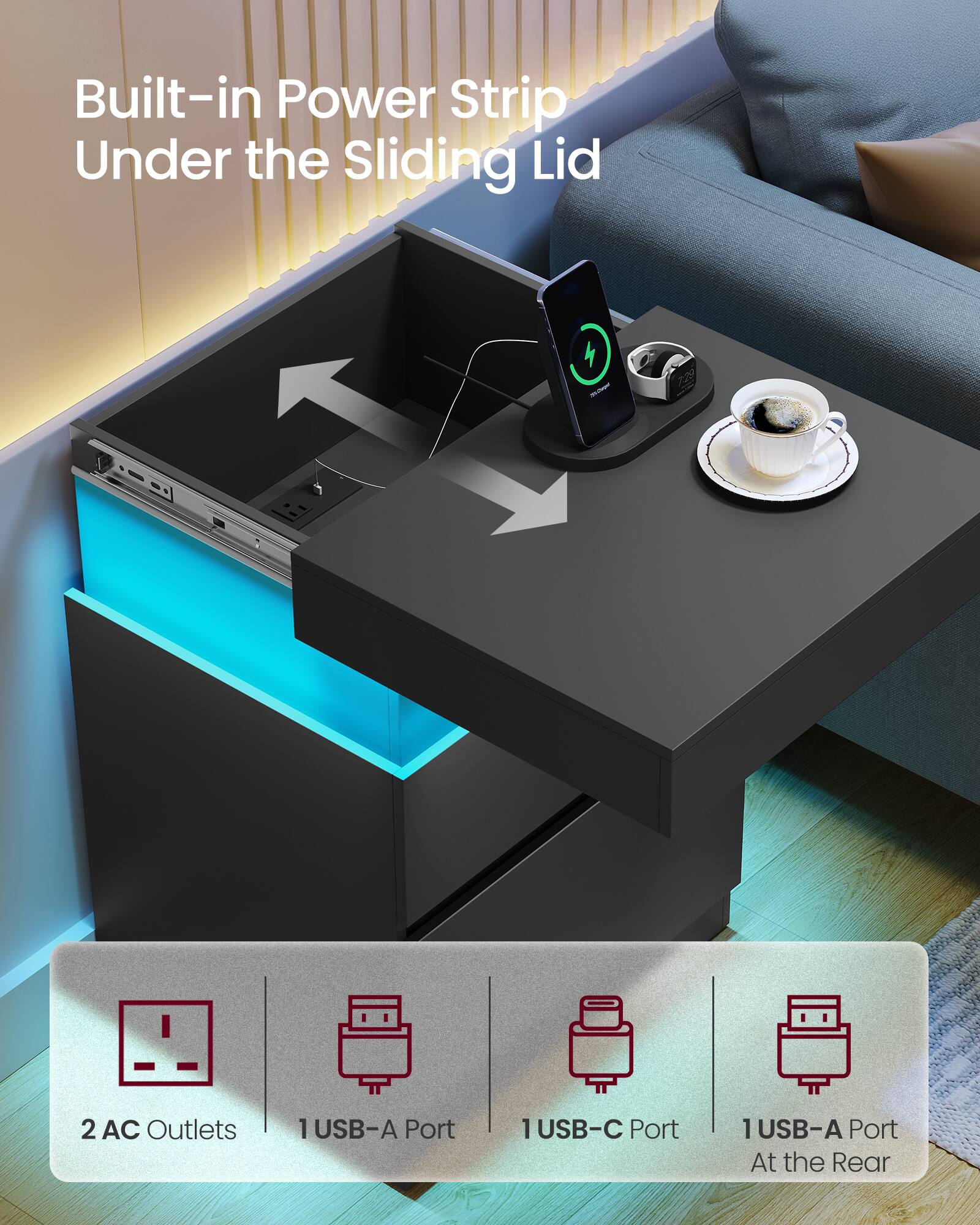 Built-in Power Strip Under the Sliding Lid - 2 AC Outlets, 1 USB-A Port, 1 USB-C Port, 1 USB-A Port at the Rear