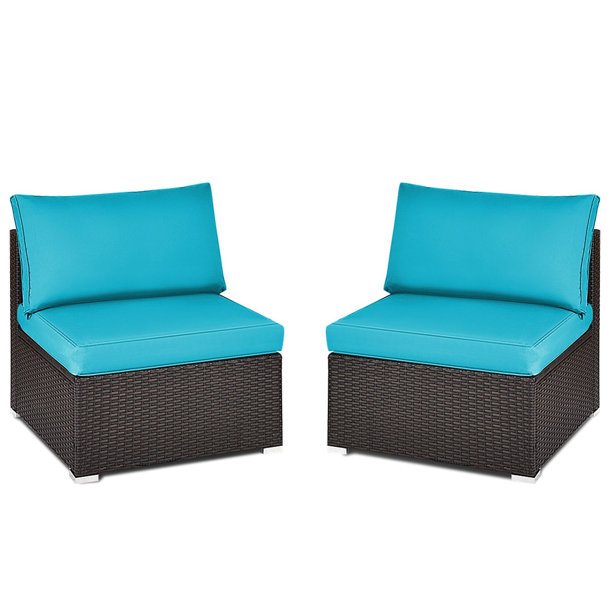 Alt View 1. Gymax - Gymax 2PCS Patio Wicker Rattan Sectional Armless Chair Sofa w/ Turquoise Cushion - Brown.