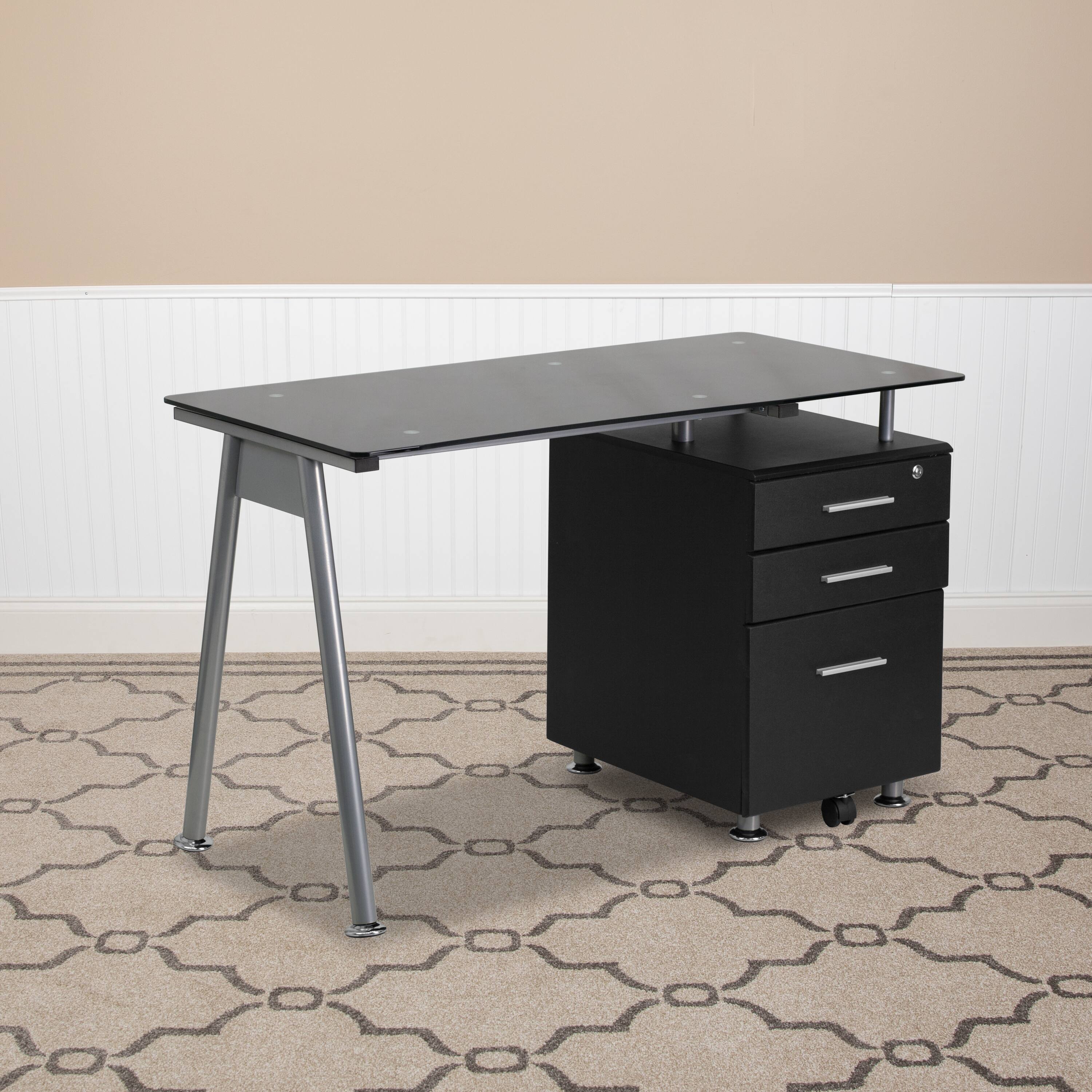 Alt View 1. Emma + Oliver - Computer Desk with Tempered Glass Top and Three Drawer Pedestal - Black.