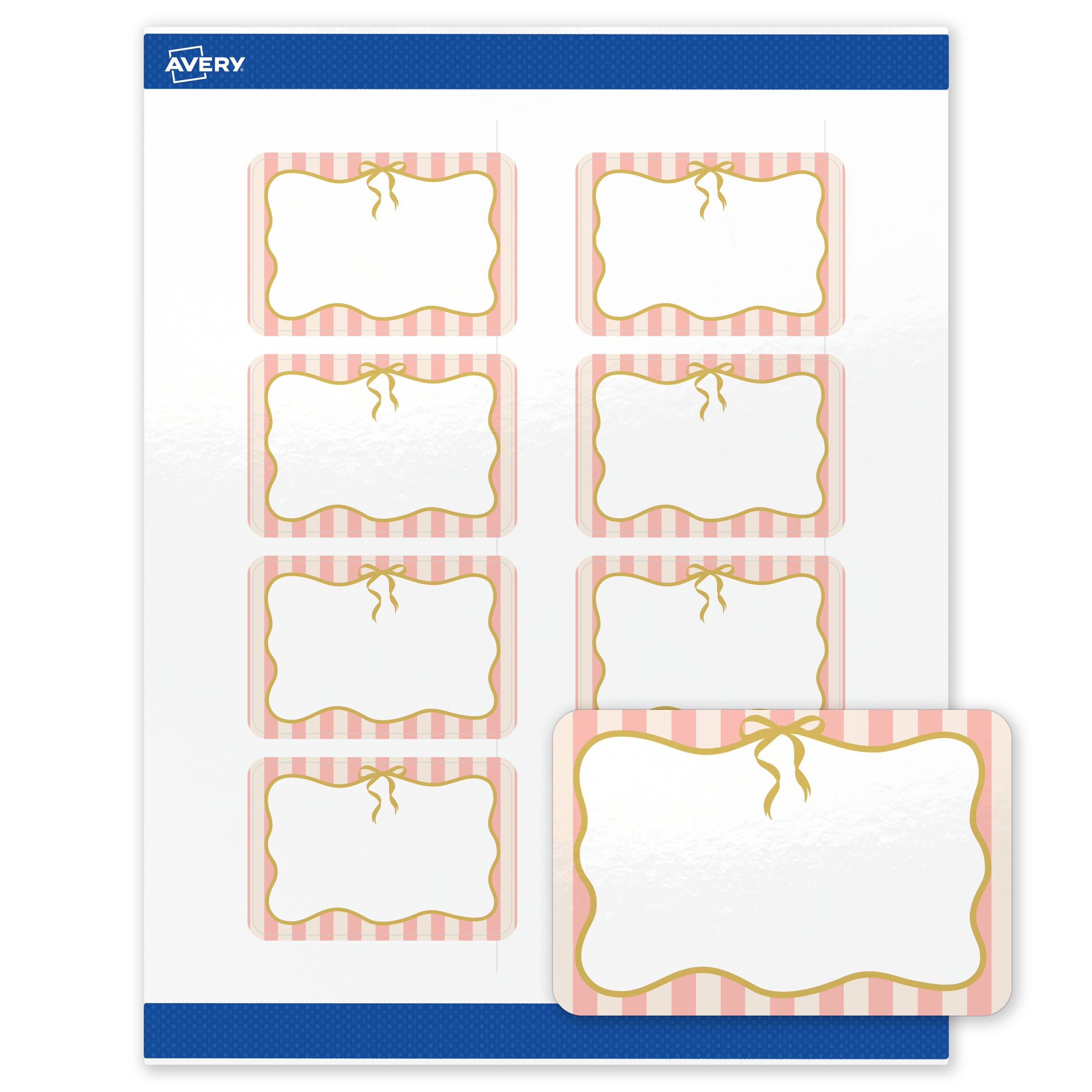Front. Avery - Avery Labels, 2" x 3", Glossy White, Pink Stripes/Gold Bow - White.