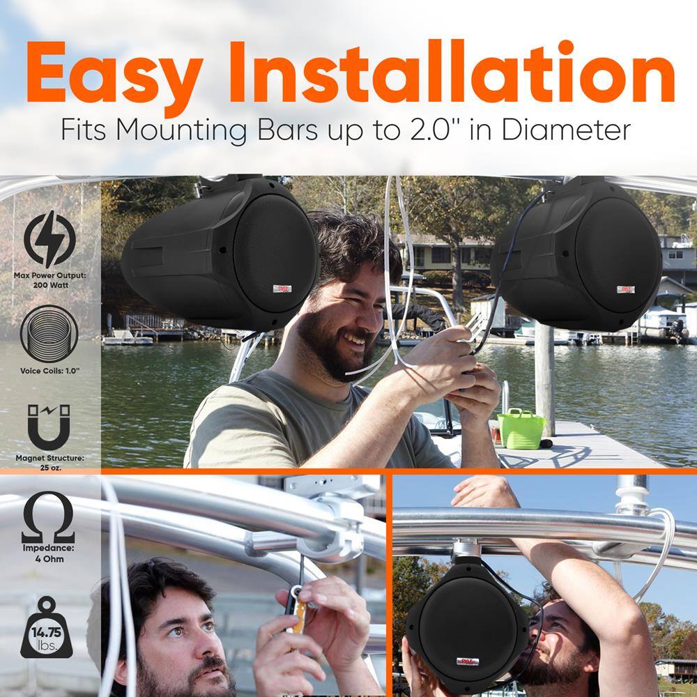 Easy Installation  
Fits Mounting Bars up to 2.0" in Diameter  

Max Power Output: 200 Watt  
Voice Coils: 1.0"  
Magnet Structure: 25 Oz.  
Impedance: 4 Ohm  
14.75 lbs.