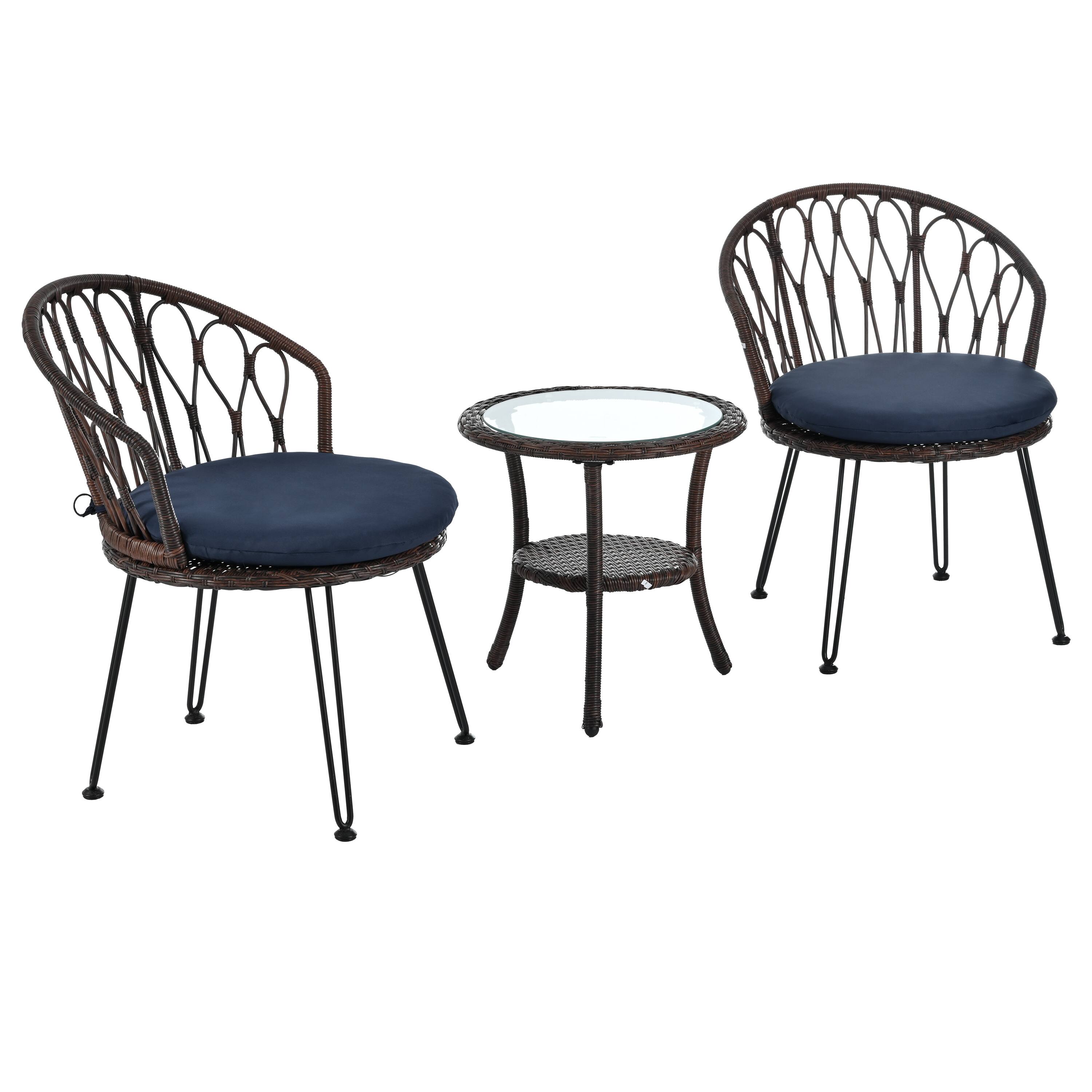 Back. Mondawe - 3-Piece Outdoor Leisure Set, 2 Rattan Single Chairs with A Glass Round Table - Brown+Blue.