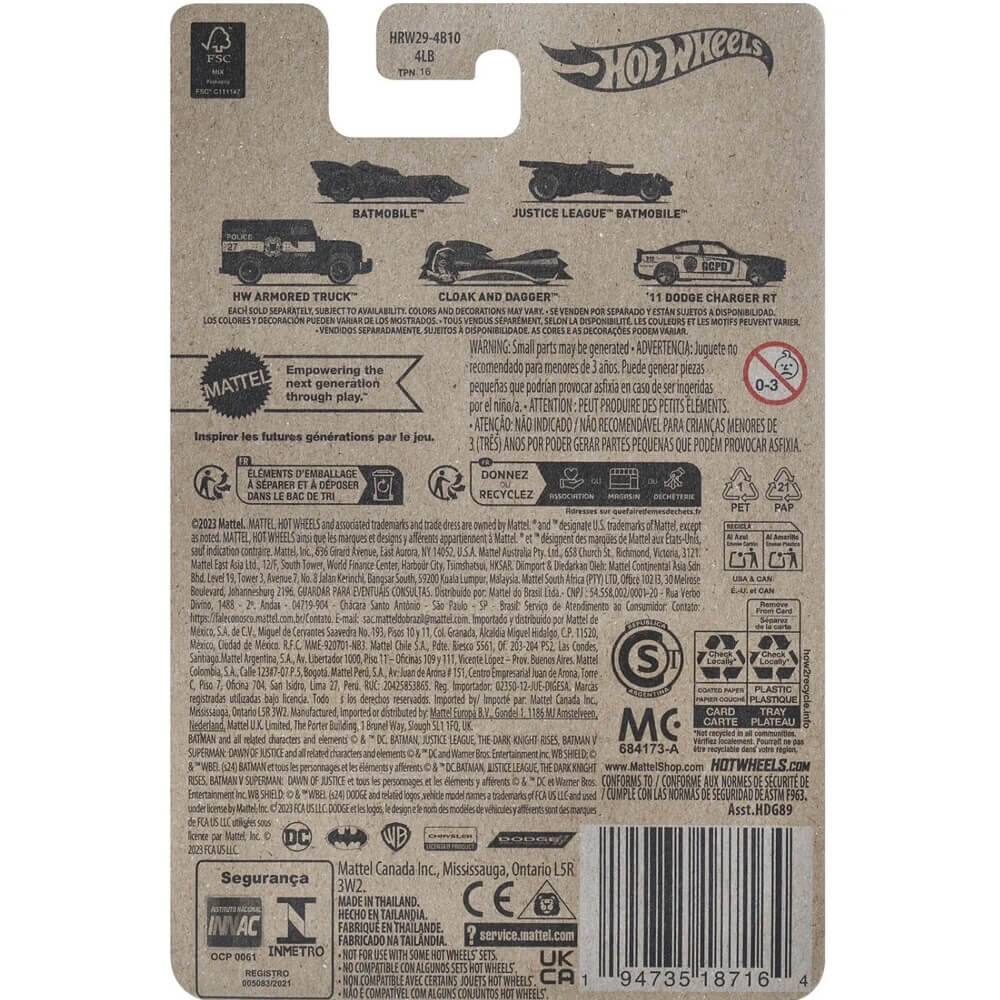 Sure, here is the corrected and grouped text from the image:

---

**Top Section:**
- HRW29-4B10
- 4LB
- TPN: 16

**Product Information:**
- BATMOBILE™
- JUSTICE LEAGUE™ BATMOBILE™ ARMORED TRUCK
- CLOAK AND DAGGER™
- 1/10 DODGE CHARGER RT

**Warning:**
- Small parts may be generated. ADVERTENCIA: Juguete puede generar piezas pequeñas. ATTENTION: PELT PRODUIRE PETITS LEMENTS. ATTENTION: PELT PRODUIRE DES PETITS ELEMENTS. ATTENTION: PELT PRODUIRE DES PETITS ELEMENTS. ATTENTION: PELT PRODUIRE DES PETITS ELEMENTS.

**Age Recommendation:**
- 3+ YEARS
- 3+ ANOS
- 3+ ANS
- 3+ ANNI

**Empowering the next generation through play.**
- Inspire the future generations through play.
- Inspire les futures générations par le jeu.
- Inspire the future generations through play.

**Separate Items:**
-