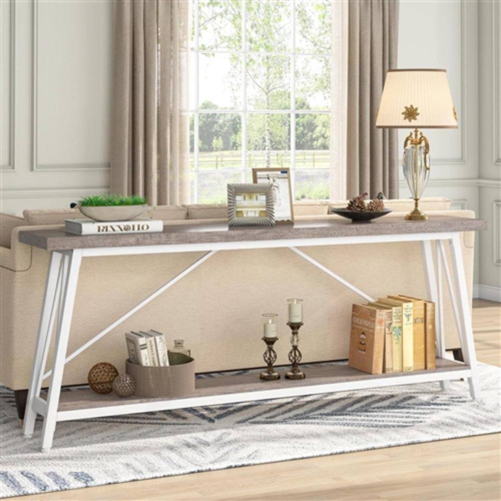 Angle. Hivvago - Heavy Duty 70-inch Industrial Grey Wood Top Sofa Table with White Metal Frame - Light Gray & White.
