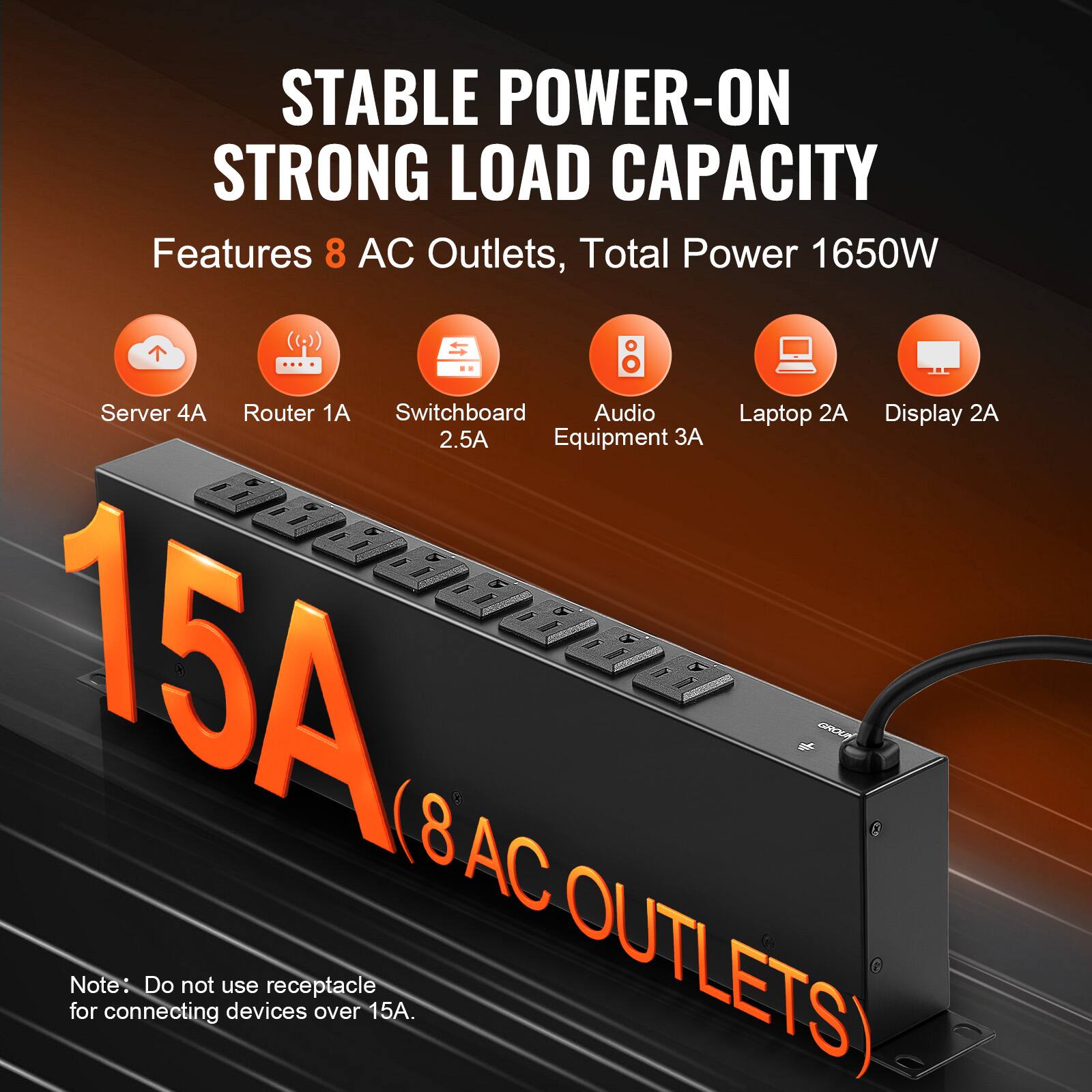 STABLE POWER-ON STRONG LOAD CAPACITY

Features 8 AC Outlets, Total Power 1650W

- Server 4A
- Router 1A
- Switchboard 2.5A
- Audio Equipment 3A
- Laptop 2A
- Display 2A

15A (8 AC OUTLETS)

Note: Do not use receptacle for connecting devices over 15A.