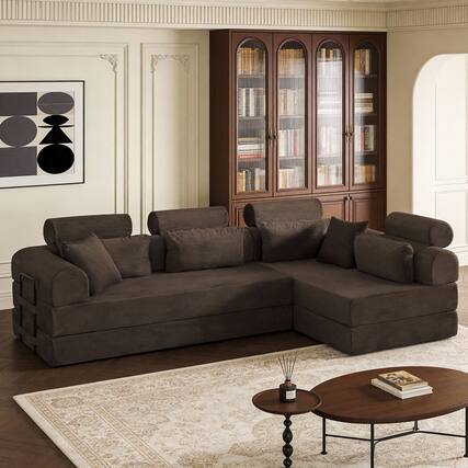 Front. Anysun - L-Shape Corduroy Modular Sectional Sofa - Minimalist Compressed Design, Unfolds into Bed, Space-Efficient - Brown.