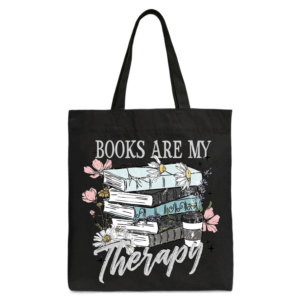 OrnamentallyYou - Books Are My Therapy Floral Vintage Canvas Tote Bag, Reading Aesthetic Gift Shopper for Bookworms - Black