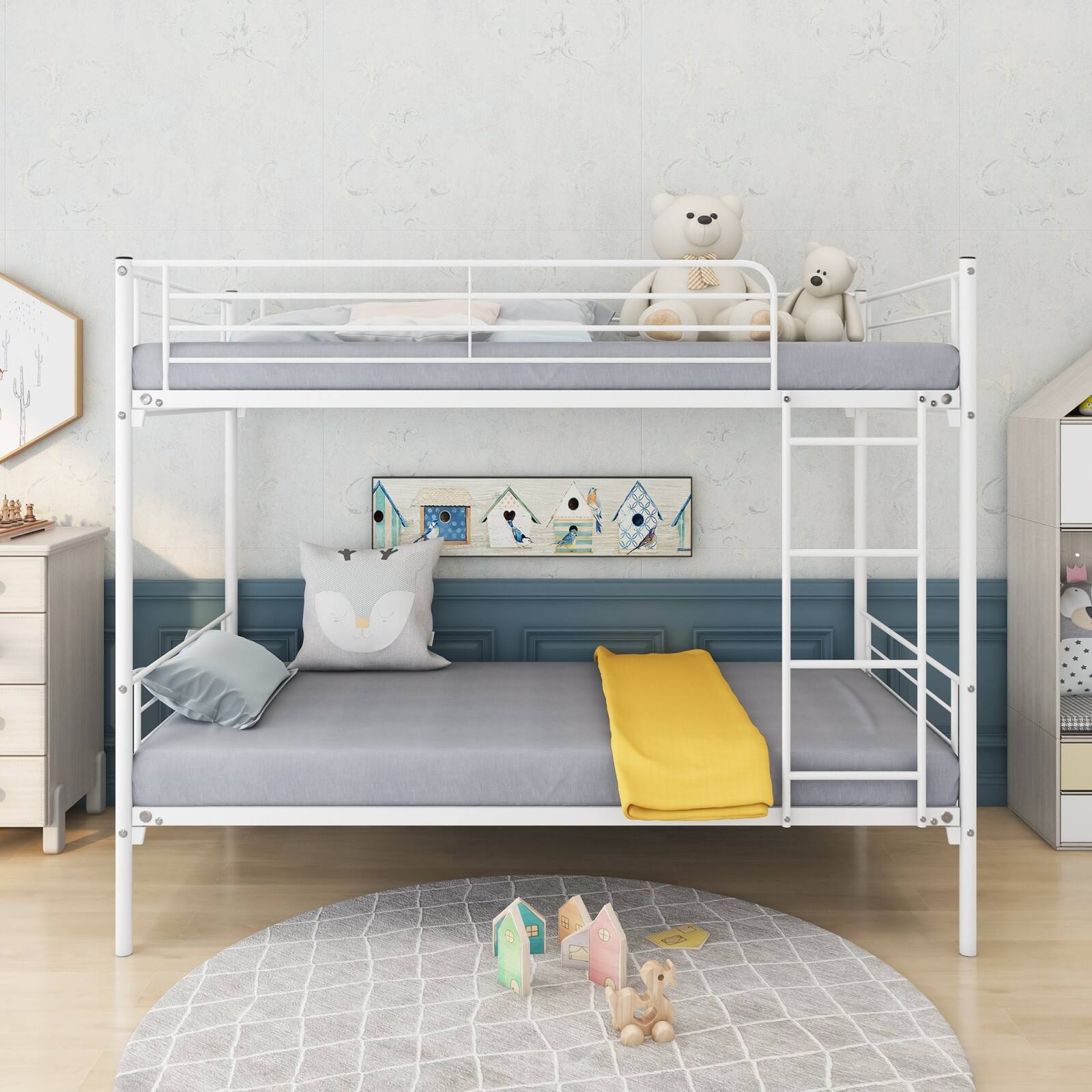 Alt View 4. Ecooso - Twin-Over-Twin Bunk Bed with Metal Frame and Ladder, Space-Saving Design - White.
