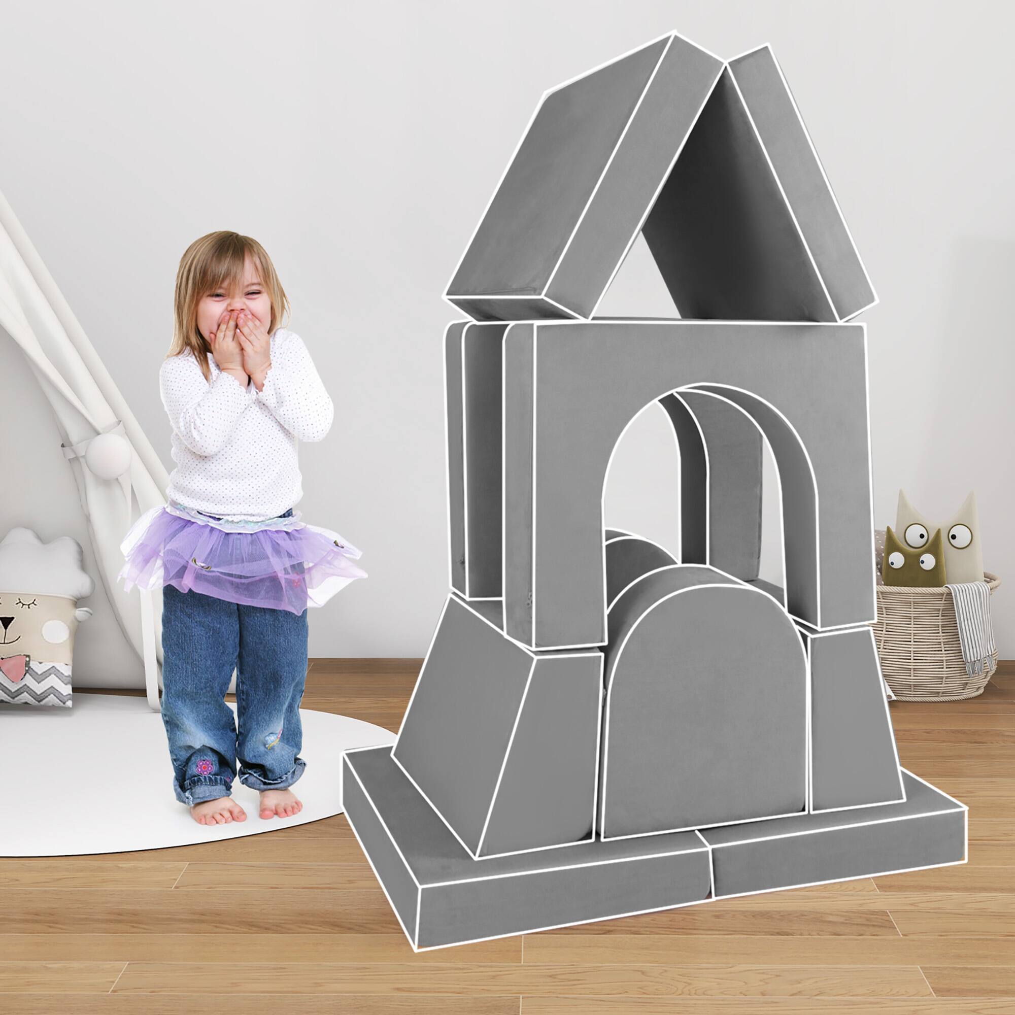 Alt View 3. Gymax - Gymax 8 PCS Modular Kids Play Couch Sofa w/ Suede Fabric Cover High-Density Foam Grey - Grey.