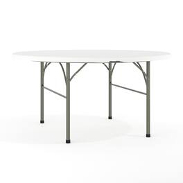 Emma + Oliver - 5-Foot Round Bi-Fold Plastic Folding Table with Carrying Handle - Granite White