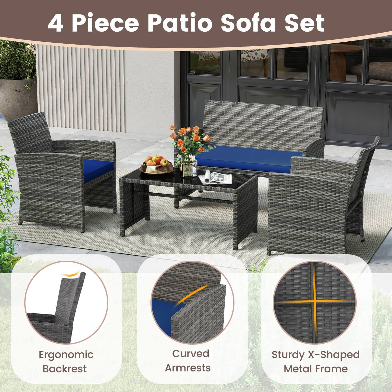 4 Piece Patio Sofa Set

- Ergonomic Backrest
- Curved Armrests
- Sturdy X-Shaped Metal Frame