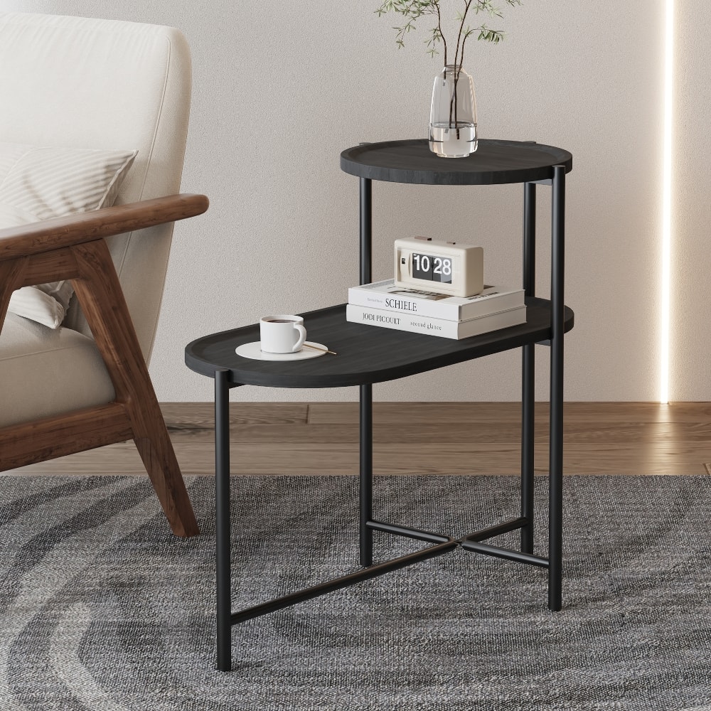 Loheer - Round Coffee Table with Storage Tray 2 Tier Oval End Table Small Side Table for Living Room - Black price history on PriceWatchPro