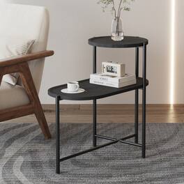 Loheer - Round Coffee Table with Storage Tray 2 Tier Oval End Table Small Side Table for Living Room - Black