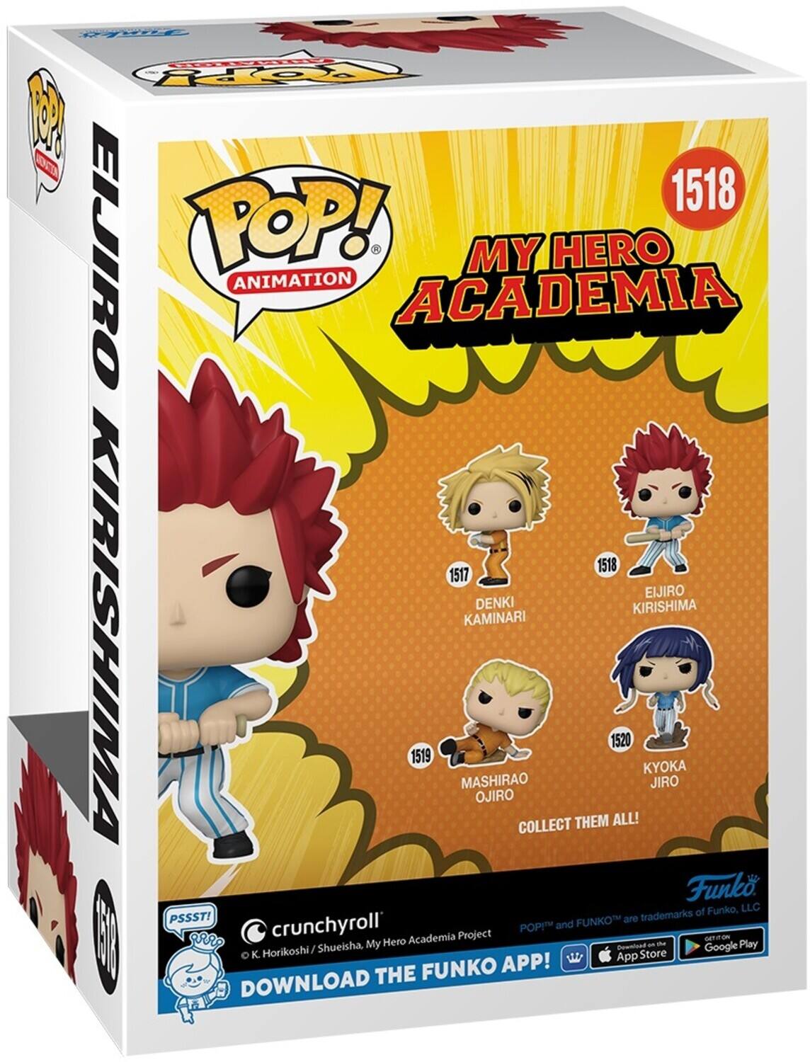 The text on the image is:

"POP! ANIMATION MY HERO ACADEMIA 1518 EIJIRO KIRISHIMA KIRISHIMA KAMINARI 1517 DENKI KAMINARI 1519 KYOKA MASHIRAO JIRO OJIRO COLLECT THEM ALL! Funko of Funko, LLC PSSST! FUNKO are trademarks crunchyroll' POP! and O Hero Academia Project GaT on Shueisha, My Download an te Play Horikoshi / Store Google K. App FUNKO APP! DOWNLOAD THE"

Corrected and grouped text:

"POP! ANIMATION MY HERO ACADEMIA 1518 EIJIRO KIRISHIMA KIRISHIMA KAMINARI 1517 DENKI KAMINARI 1519 KYOKA MASHIRAO JIRO OJIRO COLLECT THEM ALL! Funko of Funko, LLC. PSSST! FUNKO are trademarks of Funko, LLC. POP! and O Hero Academia Project GaT on Shueisha, My Hero Academia. Download the app on Google Play and the App Store. K. Horikoshi / Shueisha."