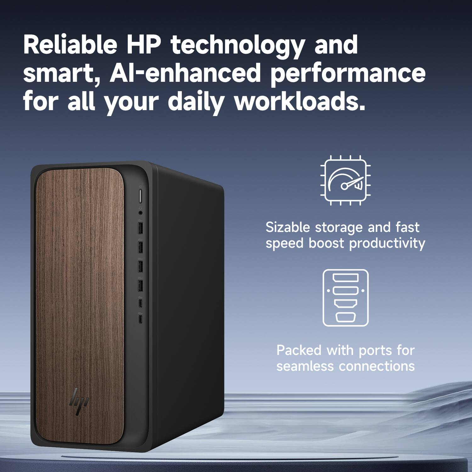 Reliable HP technology and smart, AI-enhanced performance for all your daily workloads.

- Sizable storage and fast speed boost productivity
- Packed with ports for seamless connections
