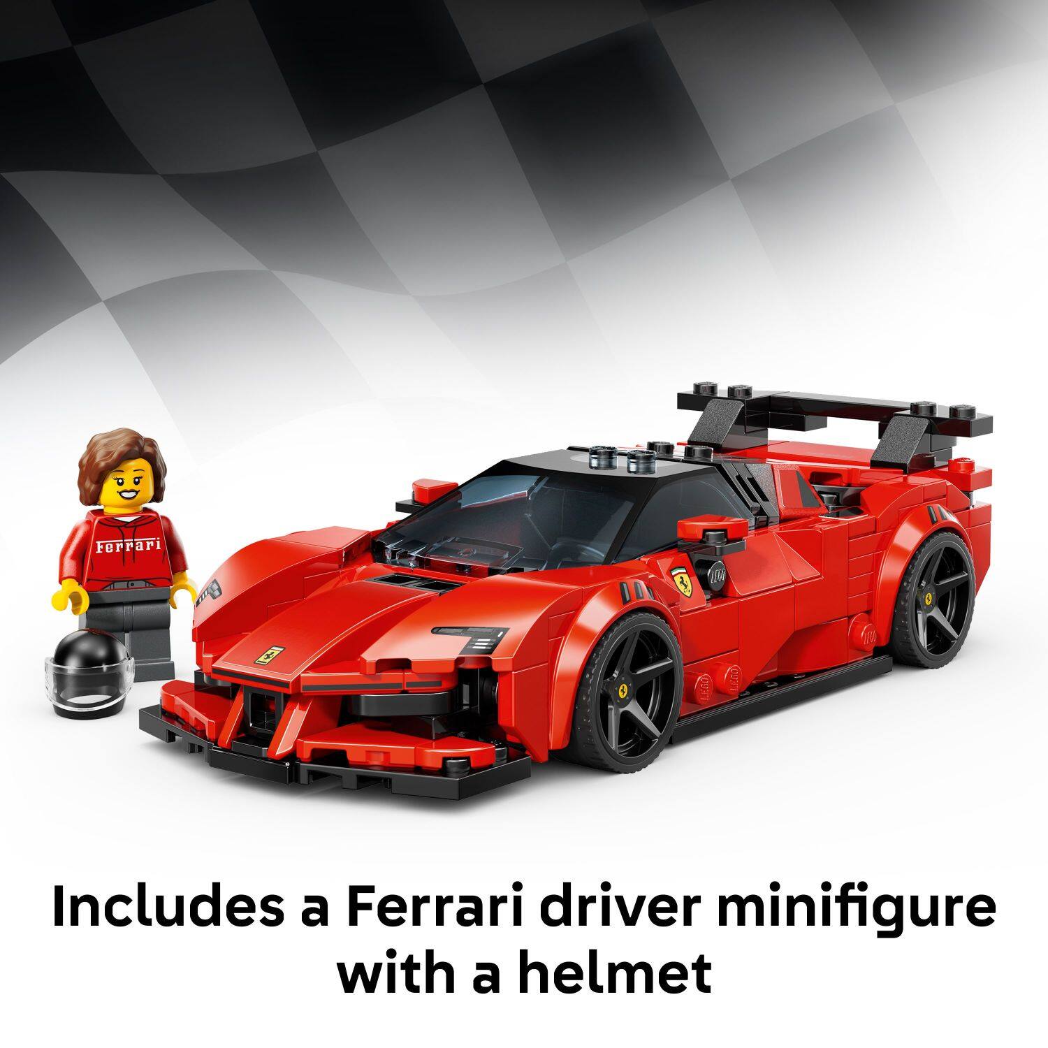 Includes a Ferrari driver minifigure with a helmet