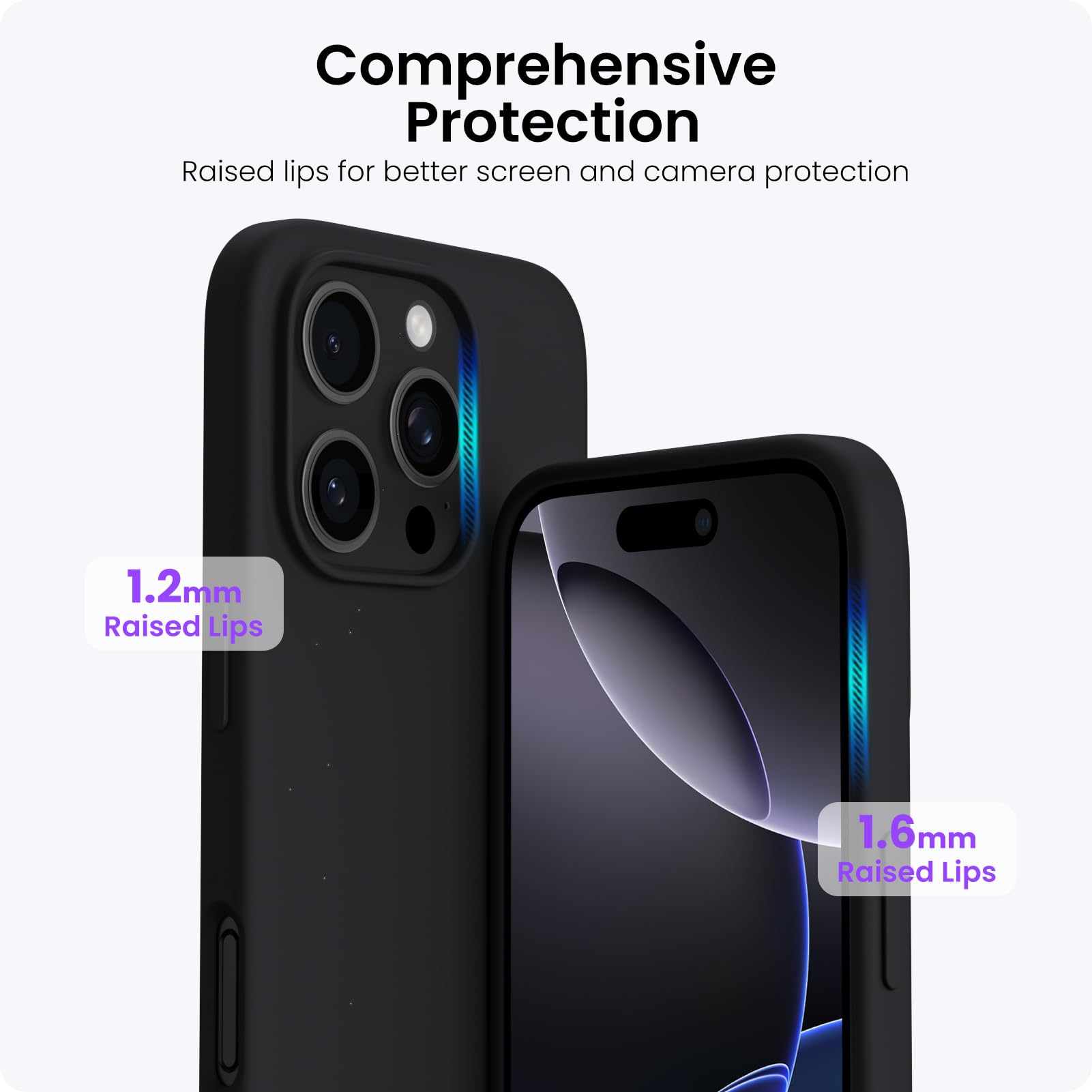 Comprehensive Protection  
Raised lips for better screen and camera protection  
1.2mm Raised Lips  
1.6mm Raised Lips