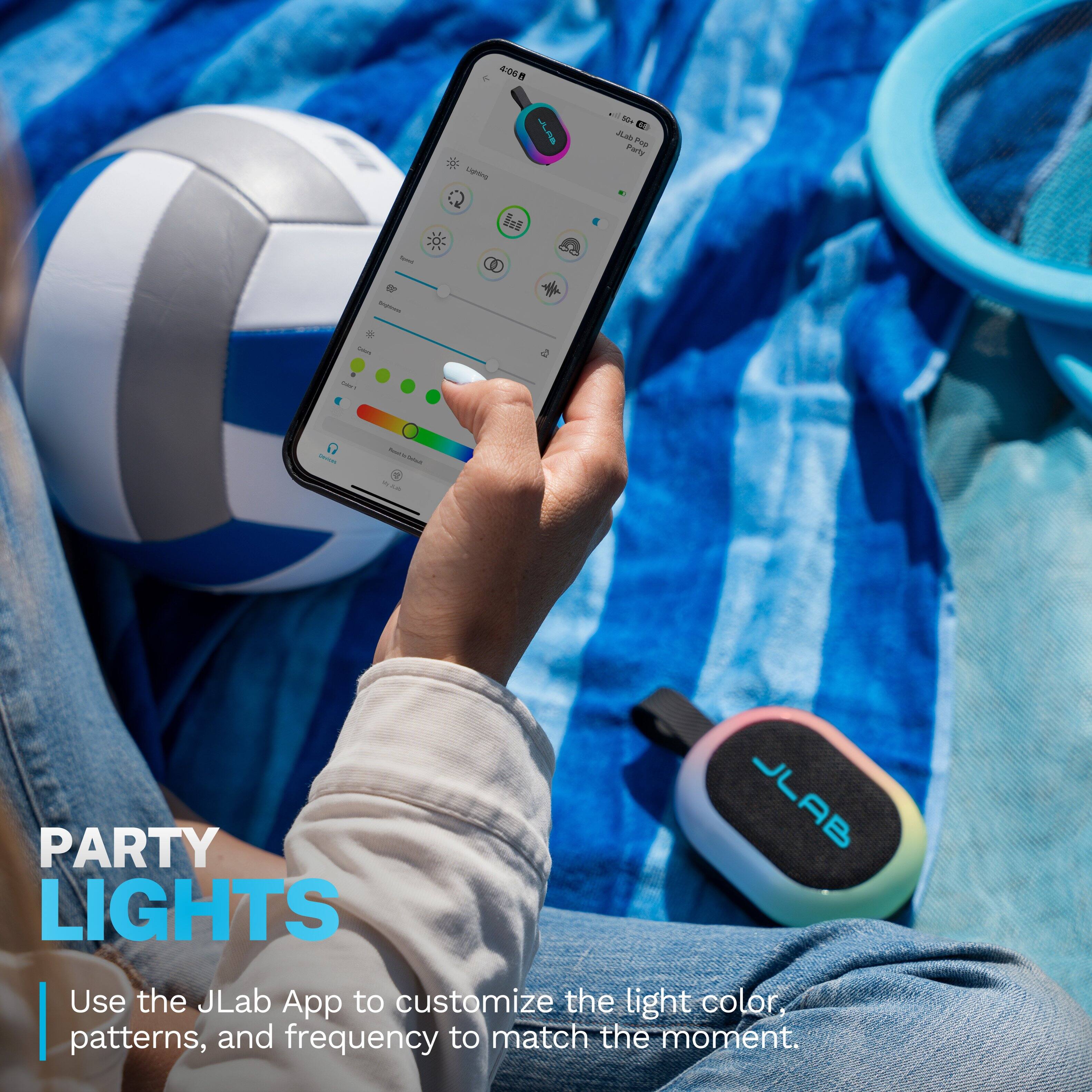 4:00 JLAB Dejing
Pep
lows
tangtaway
Satory
Cookie's
WARDS
Twittersh Stillads
3.0%
PARTY LIGHTS
JLAB

Use the JLab App to customize the light color, patterns, and frequency to match the moment.