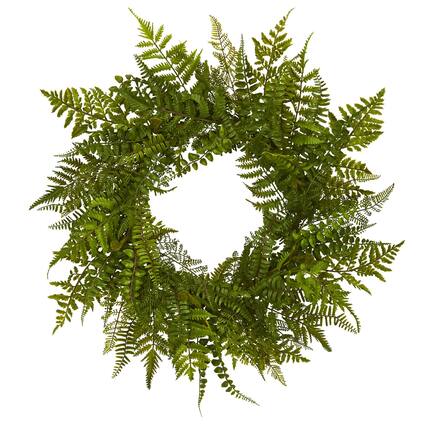 Front. BreeBe - 24" Mixed Fern Wreath - Green.