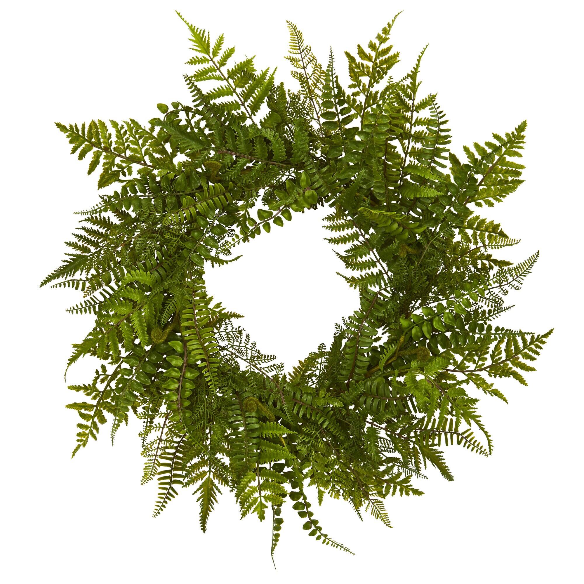 Front. BreeBe - 24" Mixed Fern Wreath - Green.