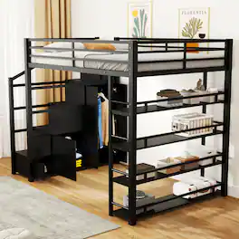 Whisen - Full Size Metal Loft Bed with Storage Shelves, Cabinets and Wardrobe for Bedroom and Dormitory - Black