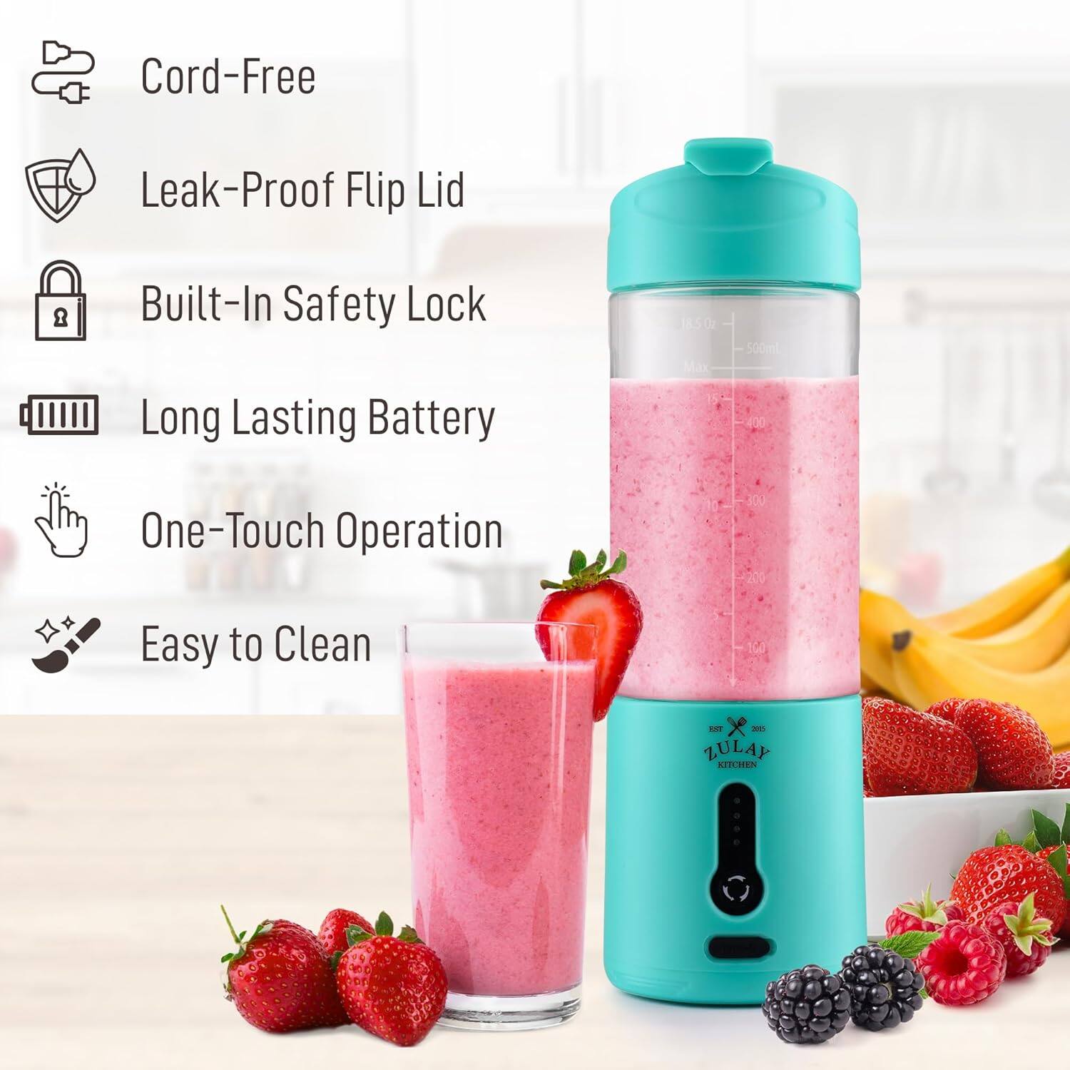 Cord-Free  
Leak-Proof Flip Lid  
Built-In Safety Lock  
Long Lasting Battery  
One-Touch Operation  
Easy to Clean  

150 Max  
500ml  
400  

ZULAY KITCHEN